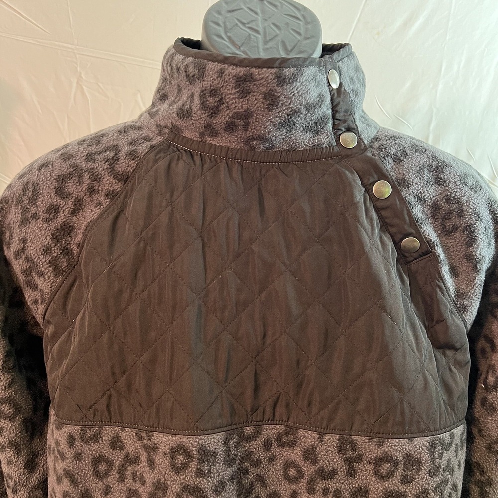 J.Crew Black & Grey Leopard Snap-Collar Fleece Pullover Sweater Jacket X-Large